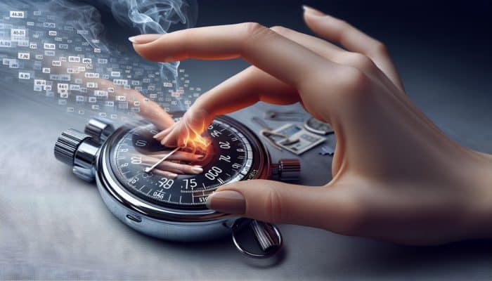 A hand adjusting digital timer settings, with a stopwatch displaying 10 minutes amid a grilling scene with smoke and meat.