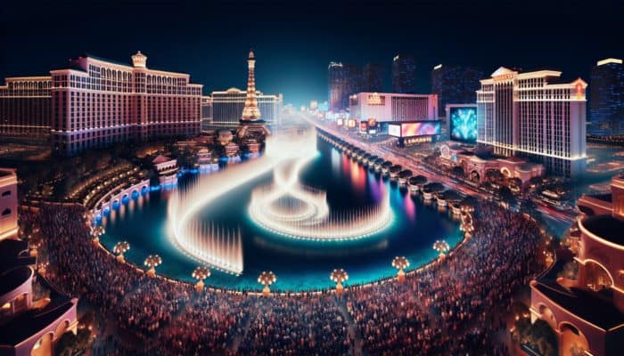 Experience the enchanting Bellagio Fountains performing a spectacular water dance at night on the Las Vegas Strip.