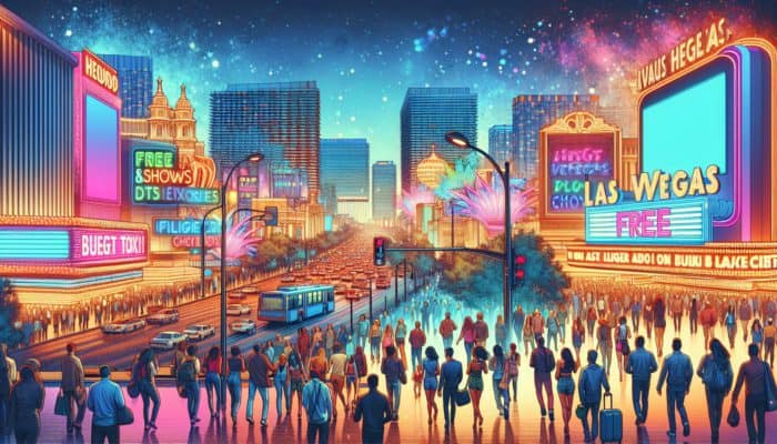 Vibrant Las Vegas strip at night, where budget travellers are enjoying affordable entertainment and the dazzling neon lights.