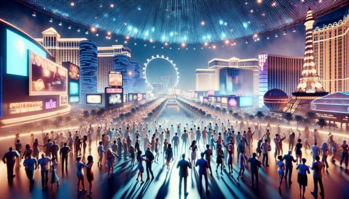 A vibrant Las Vegas night scene with patrons enjoying bundled entertainment deals, including shows, dining, and the High Roller Observation Wheel under dazzling neon lights.