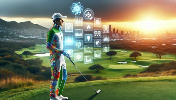 A golfer in 2030 wearing a sustainable, personalised outfit on an eco-friendly course at sunset.