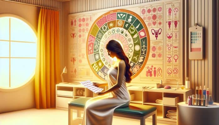 A woman calmly preparing for cervical screening, surrounded by calendar and pre-appointment instructions.
