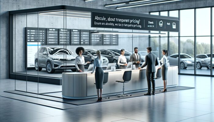 A modern car rental office with clear pricing, diverse vehicles, and friendly staff at a service desk.