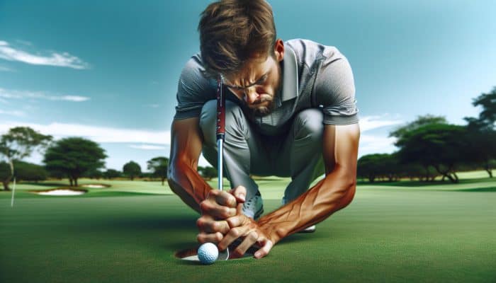 South African golfer on a green course, struggling with the yips, displaying frustration and reduced confidence.