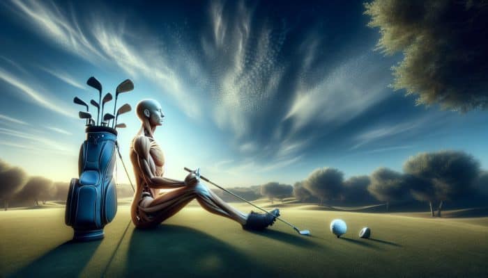 A South African golfer practising mindfulness and breathing exercises on a tranquil golf course, with equipment adjustments, under a clear sky.