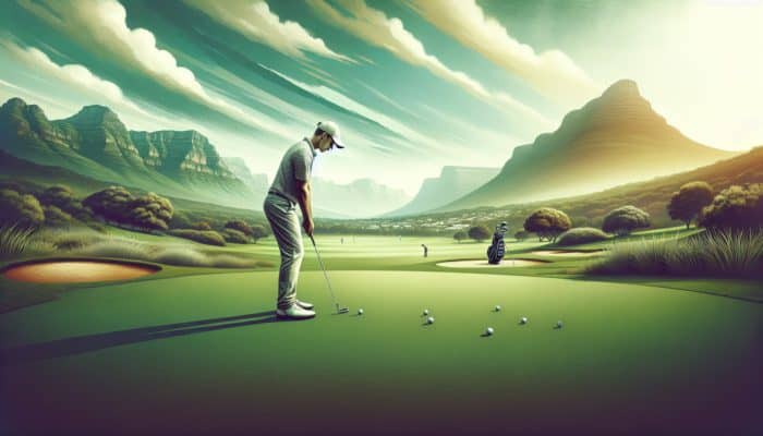 A South African golfer practising putting and chipping on a lush green course, surrounded by vibrant landscapes.