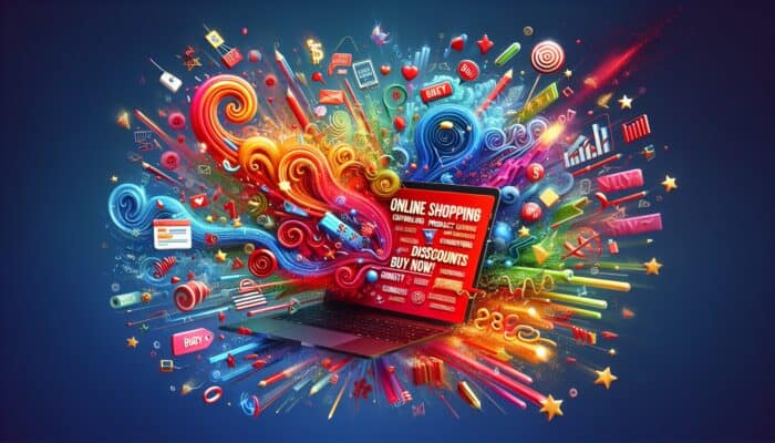 A laptop displaying an online shopping page featuring product descriptions, "Buy Now" buttons, discounts, and customer reviews on a vibrant background.