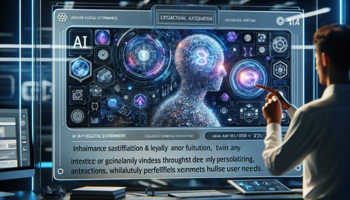 An AI interface in a futuristic digital environment enhancing user satisfaction and loyalty through personalized interactions.