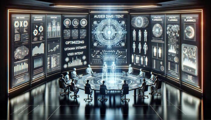 A futuristic control room with AI systems optimizing user intent, data streams, and tech specialists collaborating.