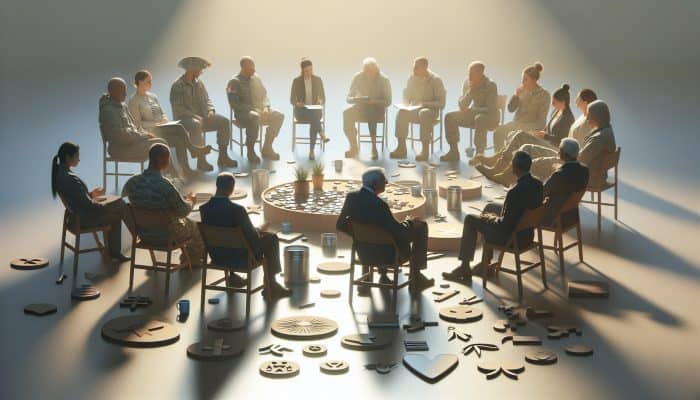 A serene support group session with veterans and mental health experts in a softly lit room, surrounded by peace symbols.
