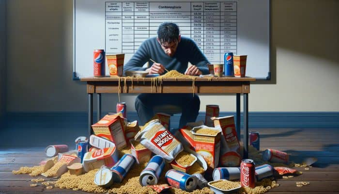 A fatigued UK worker surrounded by a cluttered desk filled with instant noodles, fast food, and energy drinks, highlighting the struggle with nutrition due to long working hours.