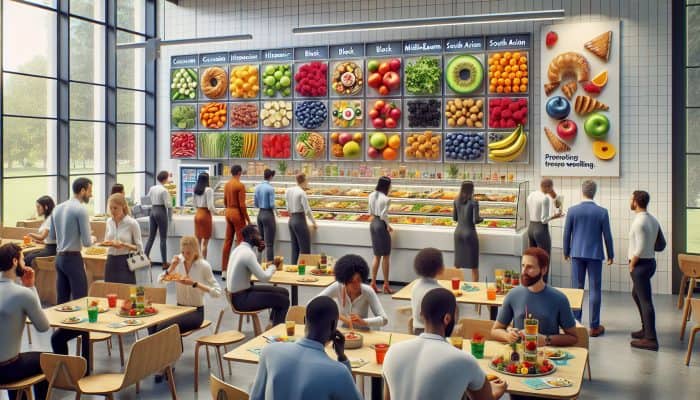 A bustling UK office cafeteria showcasing a variety of food choices including salads, fruits, and pastries, complemented by wellness posters.