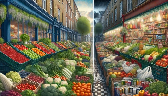 Affluent UK neighborhoods showcasing fresh produce markets contrasted with food deserts containing processed foods in lower socioeconomic areas.