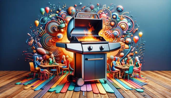Choosing a Grill with Multiple Burners: A modern gas grill on a lively patio with a happy family enjoying an impromptu barbecue.