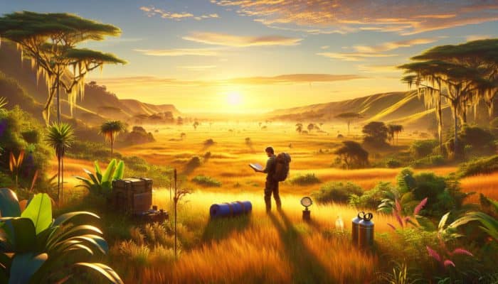 A person studying a guidebook on plains survival, surrounded by tools and equipment, in a vibrant golden hour landscape.
