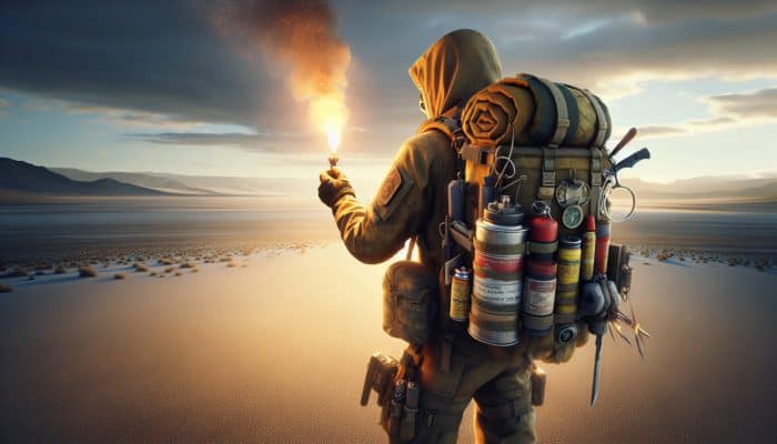 Person in durable clothing navigating plains with survival gear, using compass and flare.