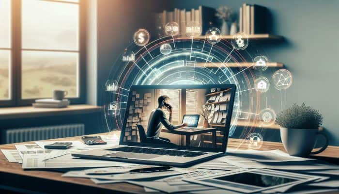 How Remote Work Affects Debt Consolidation: UK Insights | DCL A person in a serene home office on a video call, surrounded by financial documents and a laptop showing debt consolidation charts.