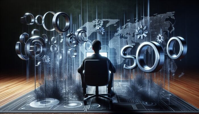 How to Use Video for Social Proof in SEO: Person watching video on laptop with rising SEO graphs and search results in background, showing video's impact on SEO.