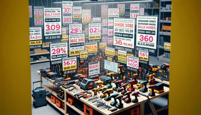 Tool Rental Discounts for House Clearance: A vibrant collection of power tools on a workbench adorned with discount tags and promotional banners in a bustling tool rental store.