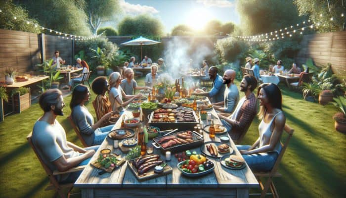 A vibrant BBQ setting featuring grilled meats, colourful sides, and friends enjoying a delightful feast in a sunlit backyard.
