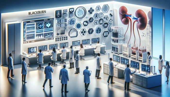 Modern laboratory in Blackburn featuring advanced technology for precise and less invasive kidney blood tests, focusing on biomarker research.