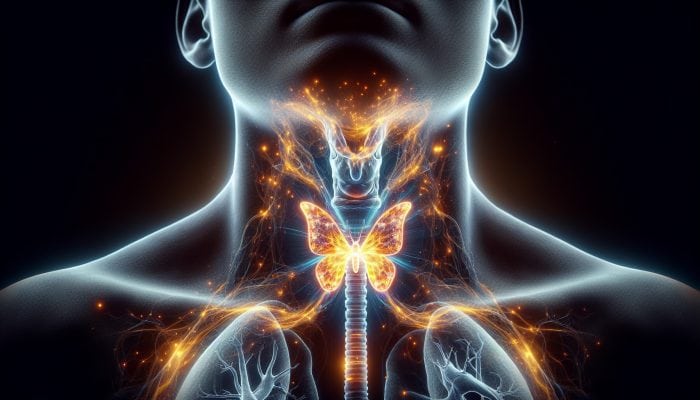 Illustration of the thyroid gland at the front of the neck, emitting energy for T3 and T4 hormones affecting metabolism and growth.