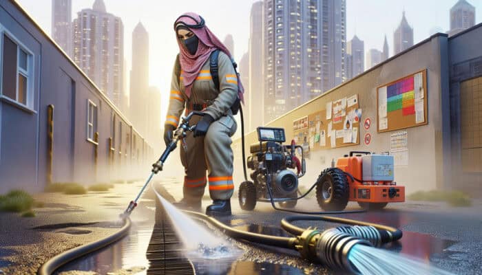 A professional using a high-pressure hydro-jetting system to clear a blocked pipe in a home.