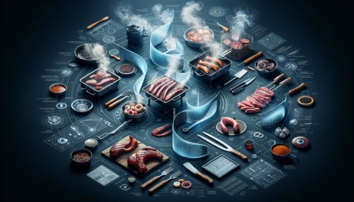 Smoke curtains guiding smoke towards meats on an American barbecue, enhancing flavour.