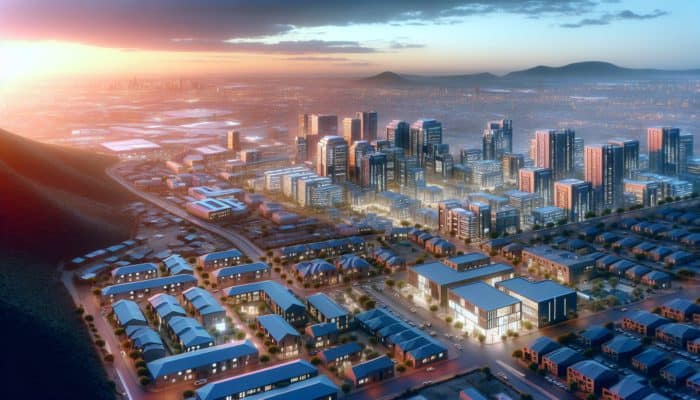 Aerial view of Makhanda at dusk, showcasing modern, revitalized neighbourhoods and new developments.