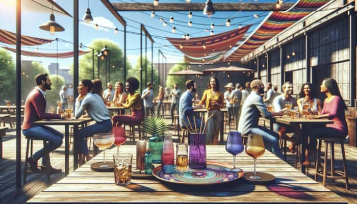 A vibrant outdoor bar scene with unique, colorful glassware on rustic tables under a sunny sky.