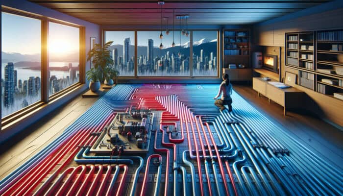 A professional technician inspecting and maintaining a hydronic radiant floor heating system in a modern South Vancouver home, addressing pipe wear and uneven heat distribution.