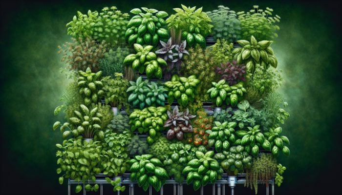 A hydroponic garden with basil, cilantro, mint, thyme, and oregano, and dishes like pasta, salsa, and pizza.