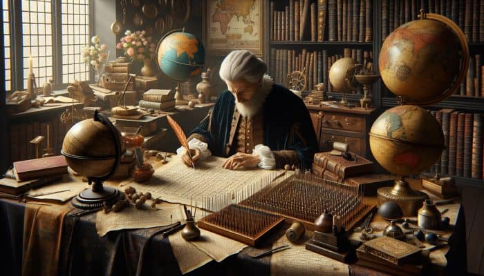 17th-century British scholar documenting acupuncture techniques amidst Enlightenment-era books and maps.