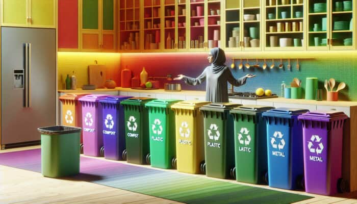 Colorful bins in a modern kitchen, arranged for waste sorting, with an expert explaining best practices.
