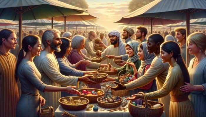 A bustling marketplace with diverse people bartering goods like produce and crafts, symbolising trust, fairness, and clear communication.