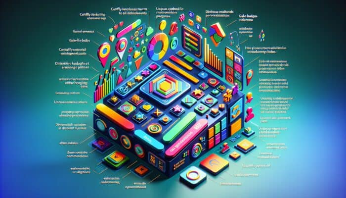 A colourful digital interface with game elements like progress bars, badges, and leaderboards on a hosting platform.