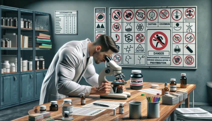 Athlete in lab coat examines supplement under microscope, checking for banned substances.