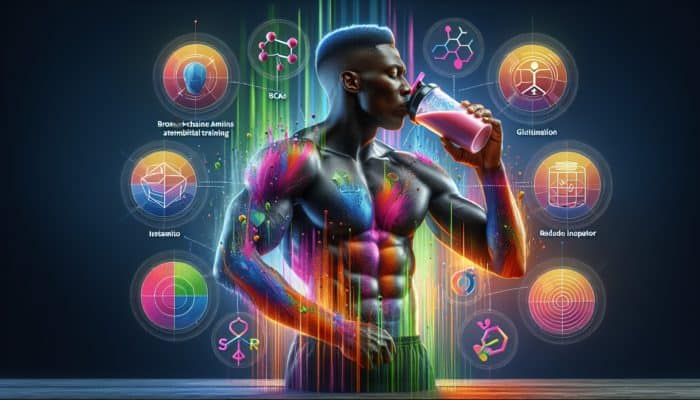 Athlete drinking colorful supplement shake post-HIIT, with BCAAs, glutamine, and antioxidants aiding muscle repair and reducing inflammation.