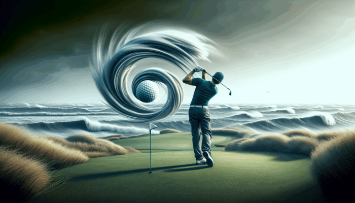 Golfer adjusting swing on windy coastal course, ball curving mid-flight, sea background.