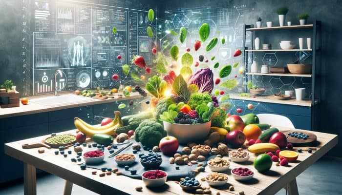 Nutrition for Chronic Fatigue: Colorful, nutrient-rich foods like greens, berries, nuts, symbolising energy and vitality against chronic fatigue syndrome.