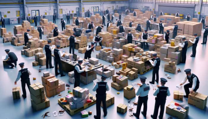 Handling Legal Items During UK Clearance: UK customs officers inspecting legal items amidst documents for import/export clearance.
