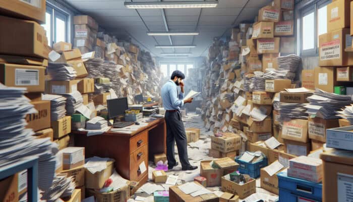 A cluttered customs office with stacks of documents, misclassified items, and a worker inspecting flagged goods, symbolising UK clearance delays.