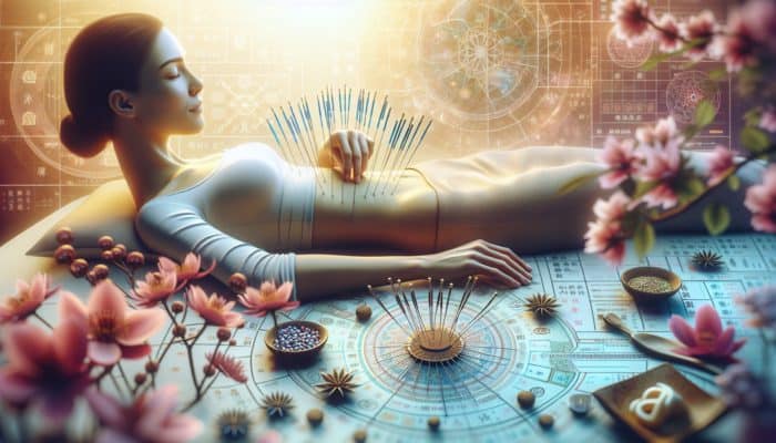 Optimising Acupuncture For Fertility: A serene woman receiving acupuncture on her abdomen and wrists, surrounded by fertility symbols in a traditional Chinese setting.