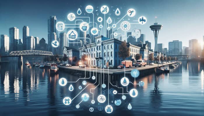 Infographic displaying expert tips on water leak detection in Gastown, Vancouver, featuring modern tools alongside historic architecture.