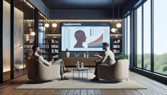 A psychologist discussing supplements with a patient, pointing to a chart in a modern office with therapy elements.