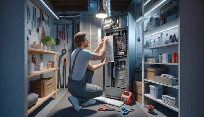 A homeowner conducting DIY furnace maintenance in a basement workshop.