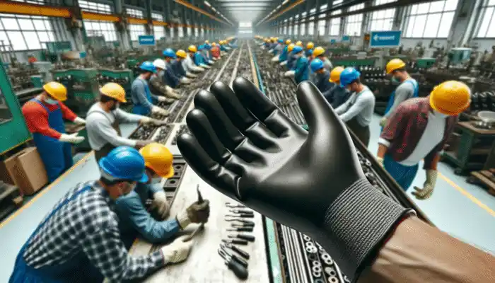 Latex Gauntlet Gloves in Leicester: Close-up of durable latex gauntlet gloves made from flexible natural rubber in a bustling UK factory, with workers handling tools.