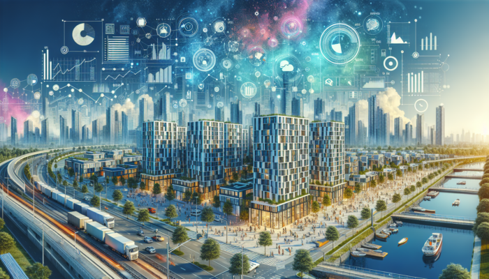 A bustling Mahikeng property market with modern mid-level residential buildings and signs of urban and economic growth.