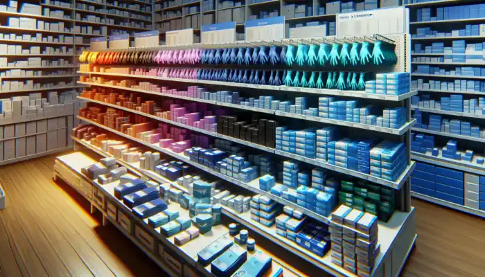 Display of nitrile gloves in Cheltenham store: blue medical-grade, black industrial-grade, available in sizes small to extra-large on shelves.