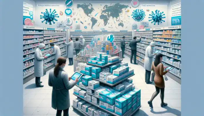 Busy Cheltenham pharmacy with half-empty blue nitrile glove shelves, anxious customers, flu posters, supply maps, and clerk on tablet.